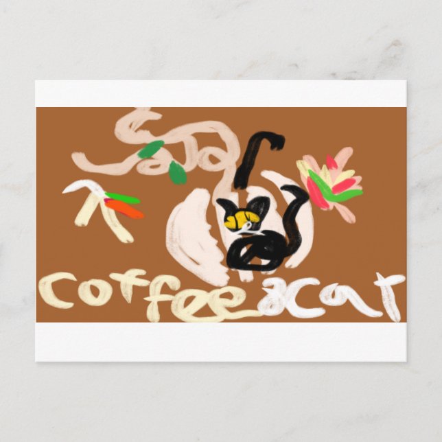 Cartão Postal Café e gato preto (Frente)
