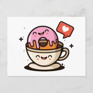 Cartão Postal Café Fofo e Amor por Donuts