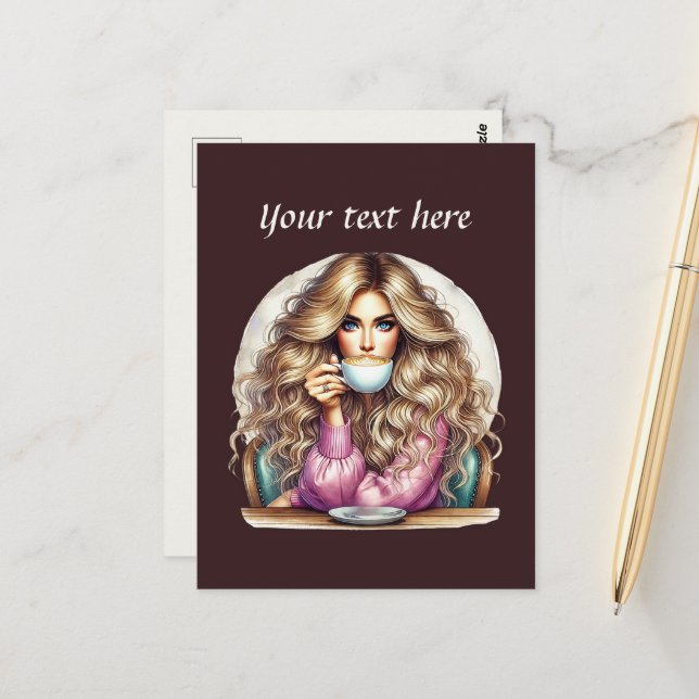 Cartão Postal Café fofo senhora adicionar texto  (Frente/Verso In Situ)