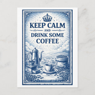 Cartão Postal Café "Mantenha a Calma" ao Estilo Vintage