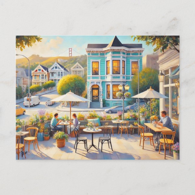 Cartão Postal Café na ponte Ouro de São Francisco (Frente)