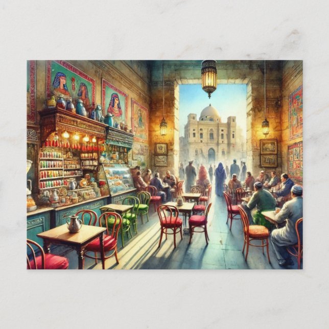 Cartão Postal Café no Cairo Egypt Watercolor Painting (Frente)