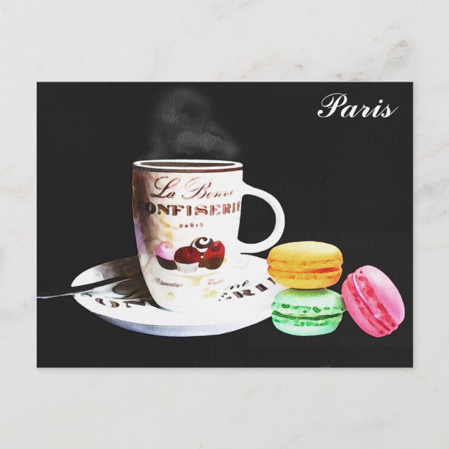 Cartão Postal Café Paris França Macarons Aquarela (Frente)