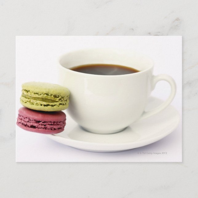 Cartão Postal Café preto em xícara branca com dois franceses (Frente)