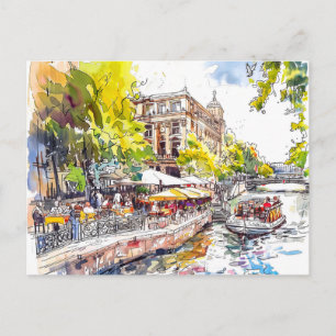 Cartão Postal Café Watercolor Berlim Mitte Rio Spree