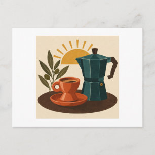 Cartão Postal Cafeteira Moka Azul Turquesa Retro e Xícara de Caf