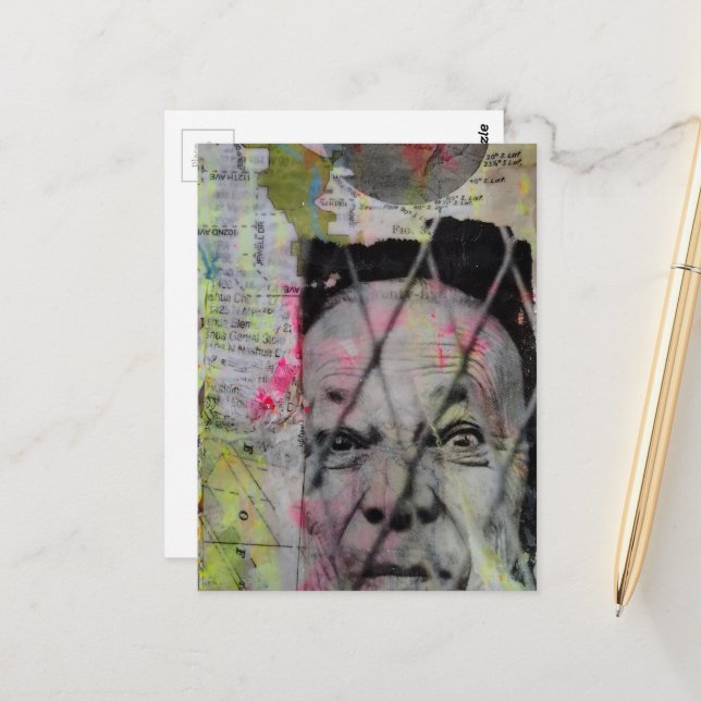 Cartão Postal caged man retro junk journal Mixed Media Collage (Frente/Verso In Situ)