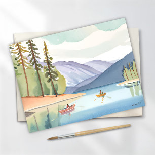 Cartão Postal Caiaque pelo Lago Aquarela Paisagem