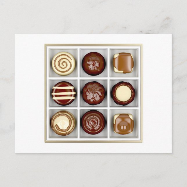 Cartão Postal Caixa com latas de chocolate (Frente)