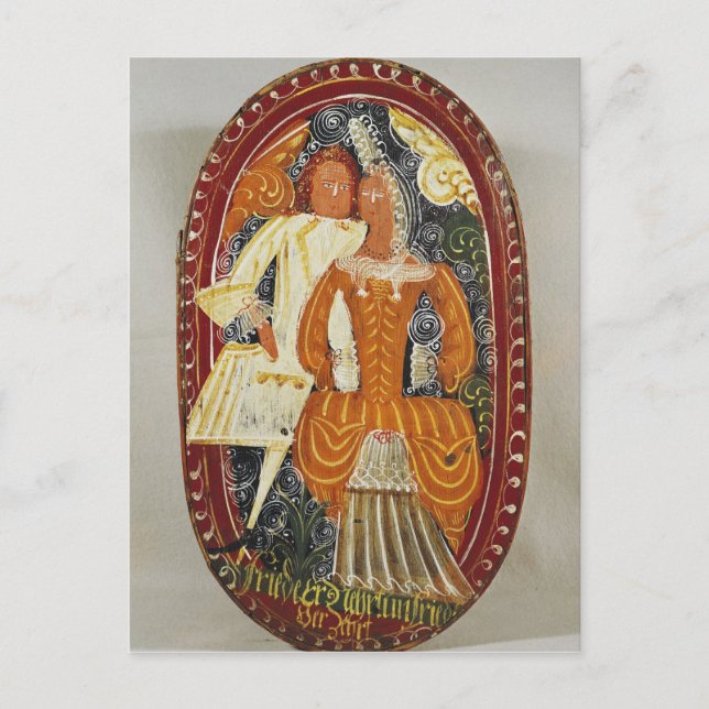 Cartão Postal Caixa de Marzipan representando homem e mulher, c. (Frente)