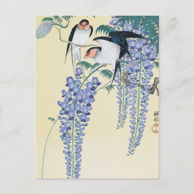 Cartão Postal Caixas e Wisteria por Ohara Koson (Frente)