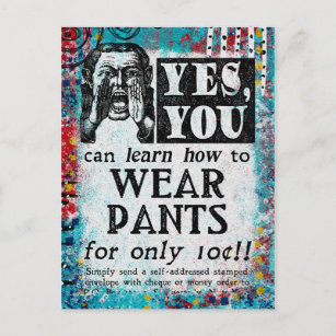 Cartão Postal Calças vestidas - Anúncio engraçado no Vintage