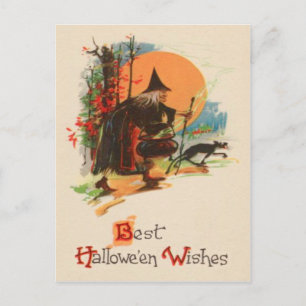 Cartão Postal Caldeirão de Bruxa Gato Preto Lua Cheia