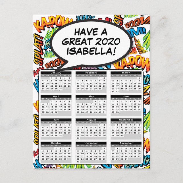 Cartão Postal Calendário 2020 de Bolha de Fala de Arte Pop de Qu (Frente)