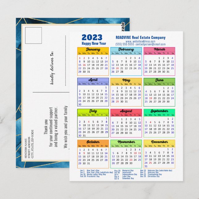 Cartão Postal Calendário 2023 Azul Geométrico Moderno (Frente/Verso)