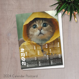 Cartão Postal Calendário 2024 com gato bonito vestido de amarelo