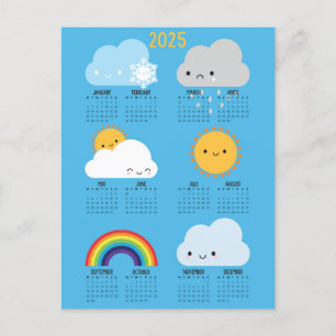 Cartão Postal Calendário 2025 Feliz Clima do Céu de Kawaii