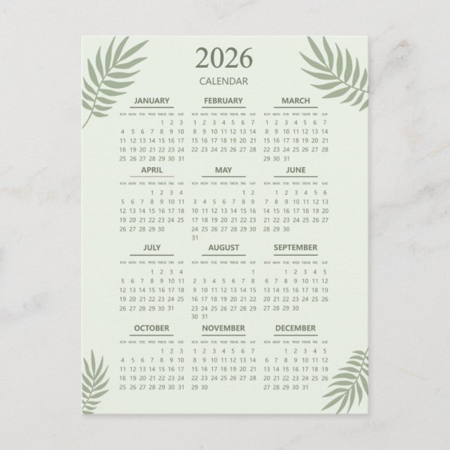 Cartão Postal Calendário 2026 Boho Estético Floral Verde (Frente)