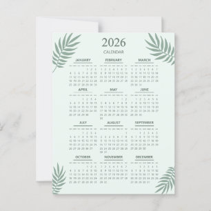 Cartão Postal Calendário 2026 Boho Floral Estético Verde Menta
