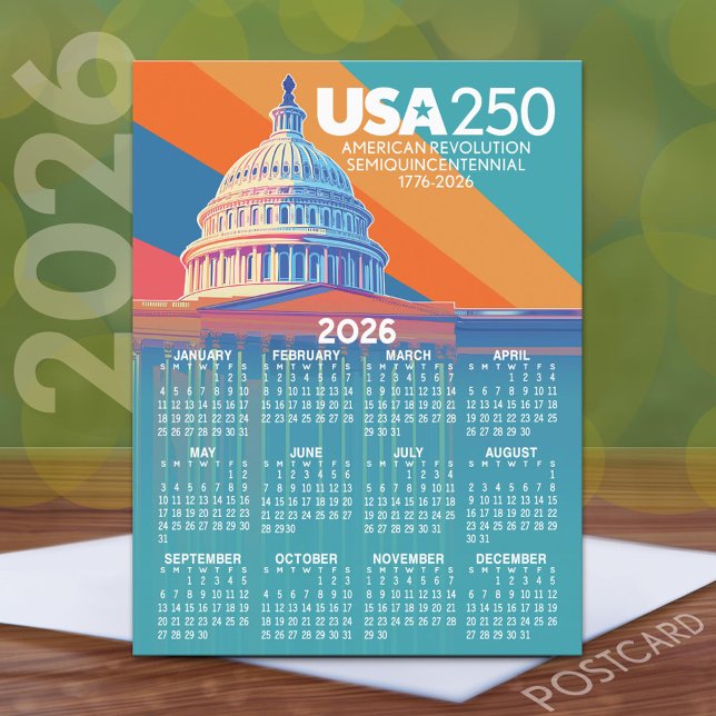 Cartão Postal Calendário 2026 com EUA 250 Capital Dome America (2026 Calendar on a Postcard)