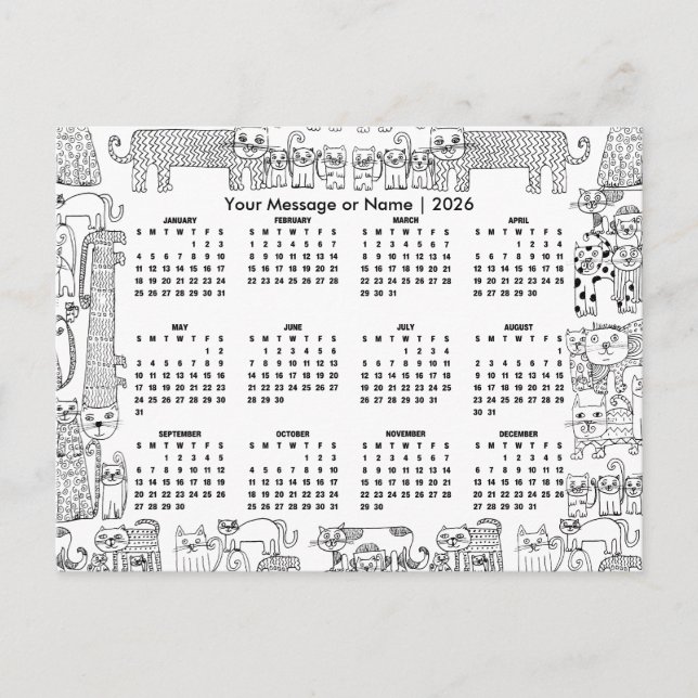 Cartão Postal Calendário 2026 de Gatos Mensagem ou Nome Personal (Frente)