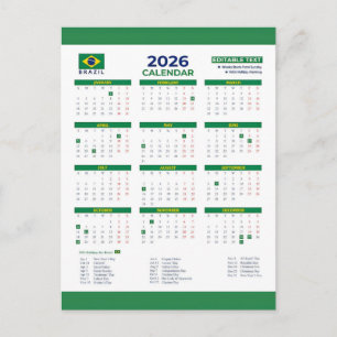 Cartão Postal Calendário 2026 Editável com Feriados Nacionais