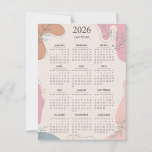 Cartão Postal Calendário 2026 Estética Abstrata Boho Século XX