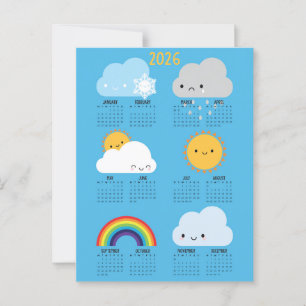 Cartão Postal Calendário 2026 Feliz Clima do Céu de Kawaii