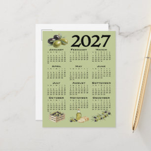 Cartão Postal Calendário 2027, Azeitonas Mediterrâneas, Verde