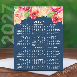 Cartão Postal Calendário 2027 com Flores de Aquarela Pintadas