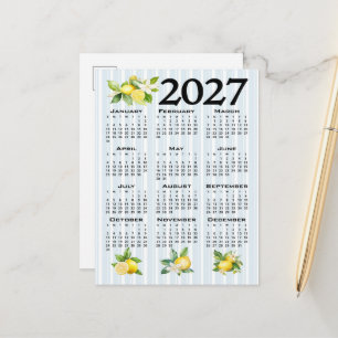 Cartão Postal Calendário 2027 Estilo Italiano Limões Listras Azu