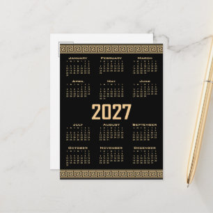Cartão Postal Calendário 2027, Fretagem Grega, Bege no Preto