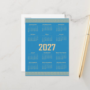 Cartão Postal Calendário 2027, Fretwork Grego, Bege no Azul Cosm