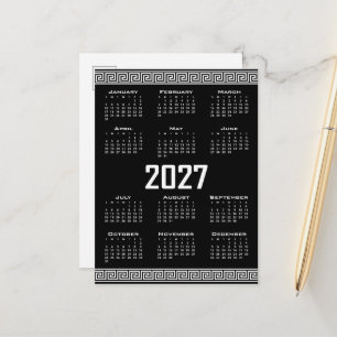 Cartão Postal Calendário 2027, Fretwork Grego, Branco no Preto