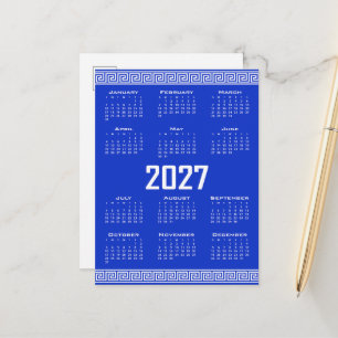 Cartão Postal Calendário 2027, Fretwork Grego, Branco sobre Azul