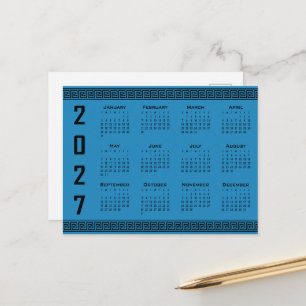 Cartão Postal Calendário 2027, Fretwork Grego, Preto no Azul Cos