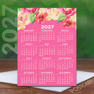 Cartão Postal Calendário 2027 Pintado Aquarela Flores rosa