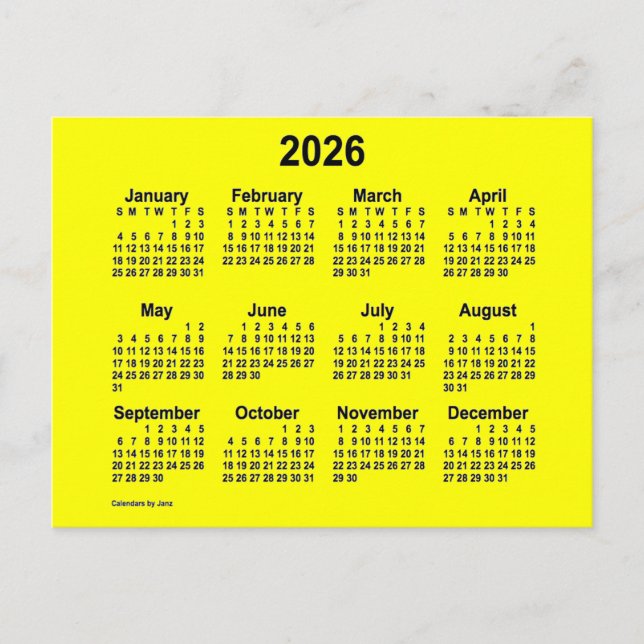 Cartão Postal Calendário Amarelo Mini de 2026 por Janz (Frente)