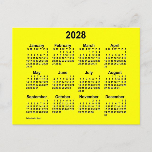Cartão Postal Calendário Amarelo Mini de 2028 por Janz (Frente)
