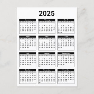 Cartão Postal Calendário anual 2025 dos EUA a preto e branco