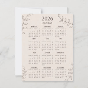 Cartão Postal Calendário anual 2026 - Mínimo de Arte da Linha Fl