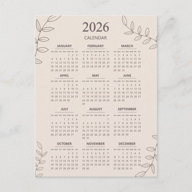 Cartão Postal Calendário anual 2026 - Mínimo de Arte da Linha Fl (Frente)