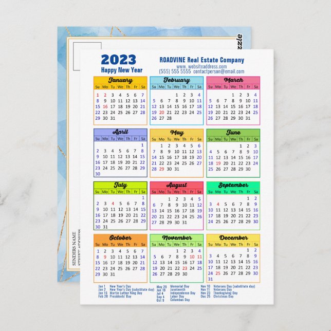 Cartão Postal Calendário anual moderno da empresa Azul Dourado 2 (Frente/Verso)