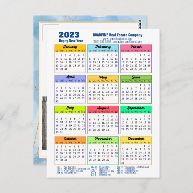Cartão Postal Calendário anual moderno da empresa Azul Dourado 2 (Frente/Verso)