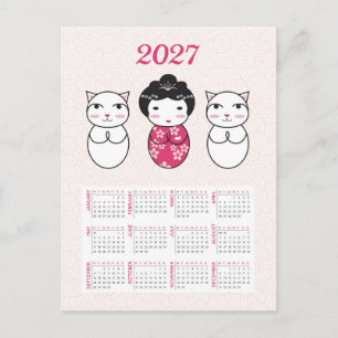 Cartão Postal Calendário Boneca Kokeshi Japonesa Kawaii 2027