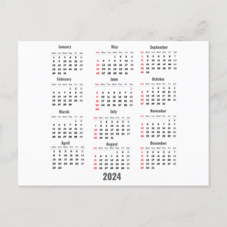 Cartão Postal Calendário Branco 2024 com 52 Semanas