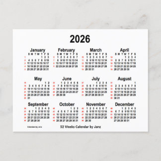 Cartão Postal Calendário branco de 2026 de 52 semanas por Janz