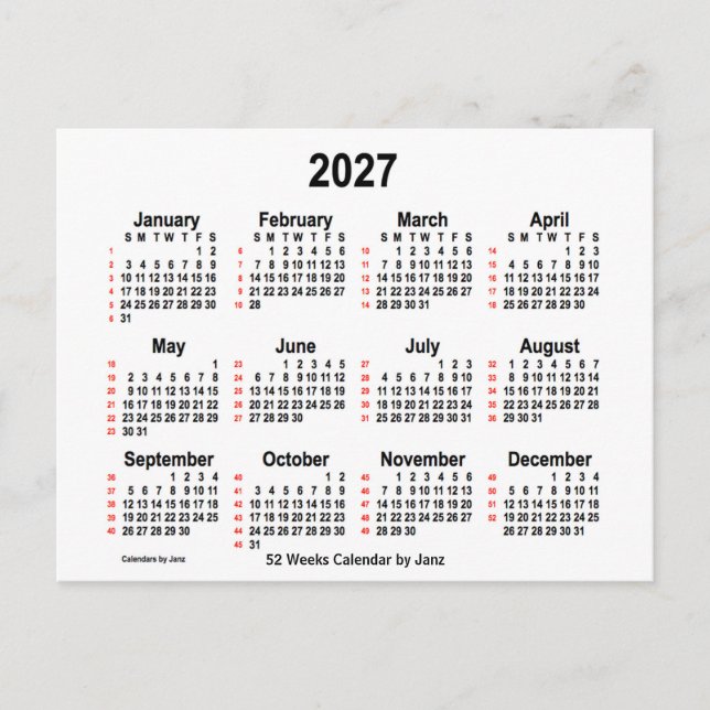 Cartão Postal Calendário branco de 2027, 52 semanas, por Janz (Frente)