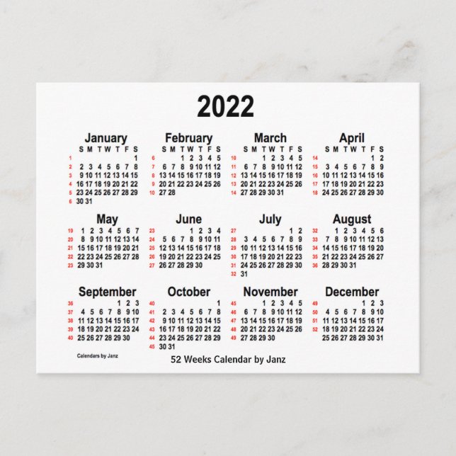 Cartão Postal Calendário branco de 52 semanas 2022 por Janz (Frente)