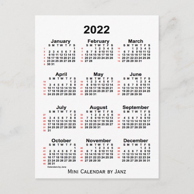 Cartão Postal Calendário branco de 52 semanas 2022 por Janz Cart (Frente)